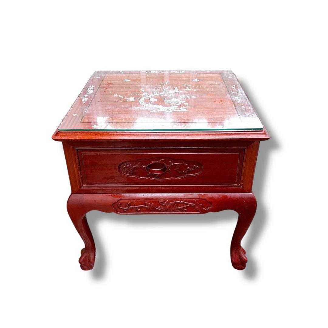アンティーク 猫脚 螺鈿細工 木製 サイドテーブル 花鳥図 引き出し付き 赤茶