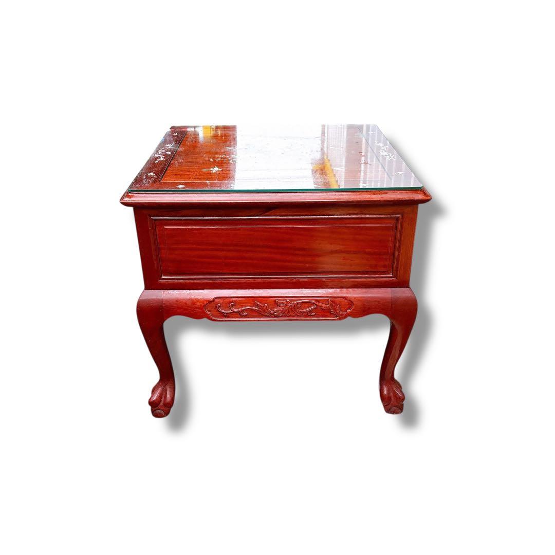 アンティーク 猫脚 螺鈿細工 木製 サイドテーブル 花鳥図 引き出し付き 赤茶