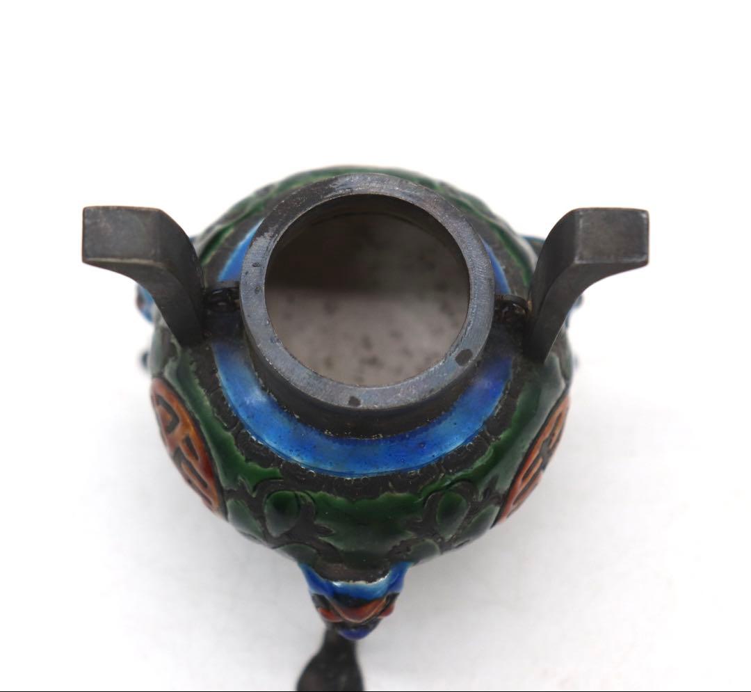 中国　清時代　福寿　銀製七宝焼獣足香炉　木箱入　送料込み250509