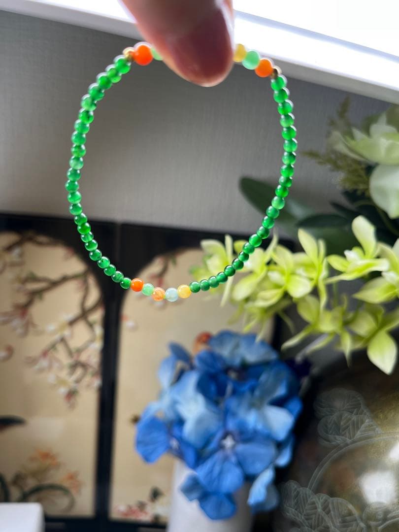 新入荷❣️貴重‼️18kビーズ入り、ロウカン質氷種満陽緑ビーズ&【幸運】四葉草ブレス