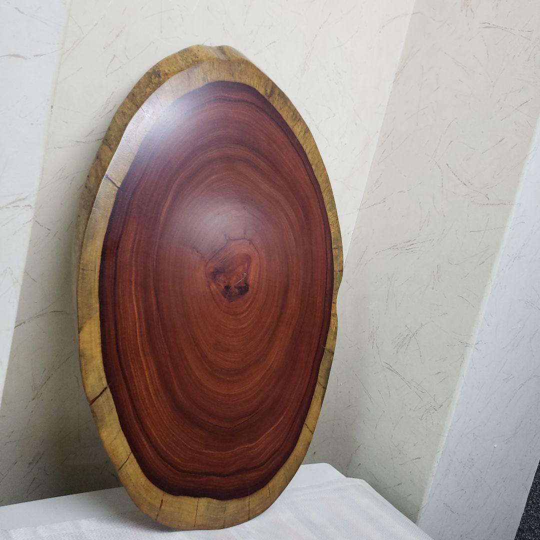 蔵出し特価紫檀製無垢はす切り花台　円形テーブル 赤褐色 大きめ５５×３６×３cm