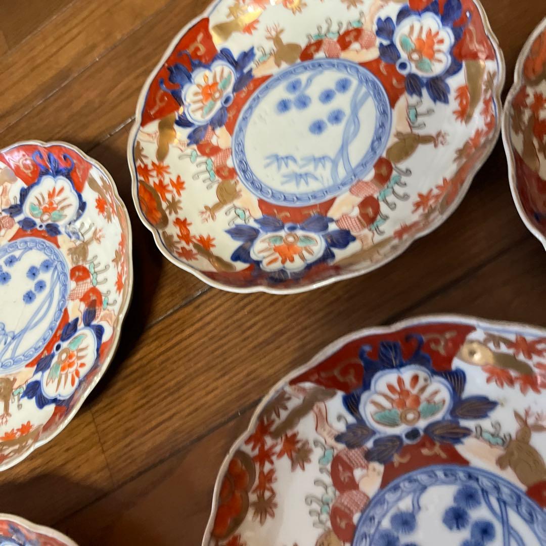 限定最終処分特価　古伊万里色絵大きめ中皿五枚セット完品　シカと紅葉　素敵な食卓