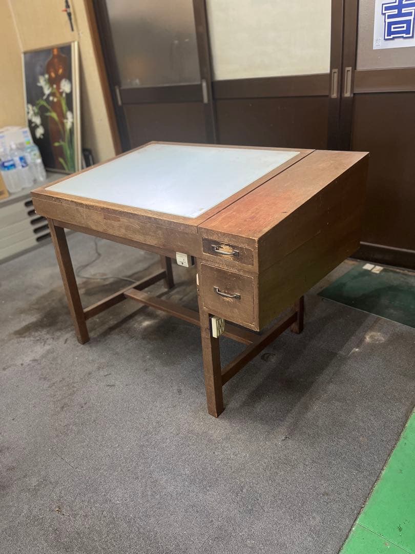 【昭和レトロ】木製製図台 トレース台付きデスク 点灯確認済み ※直接引き取り限定