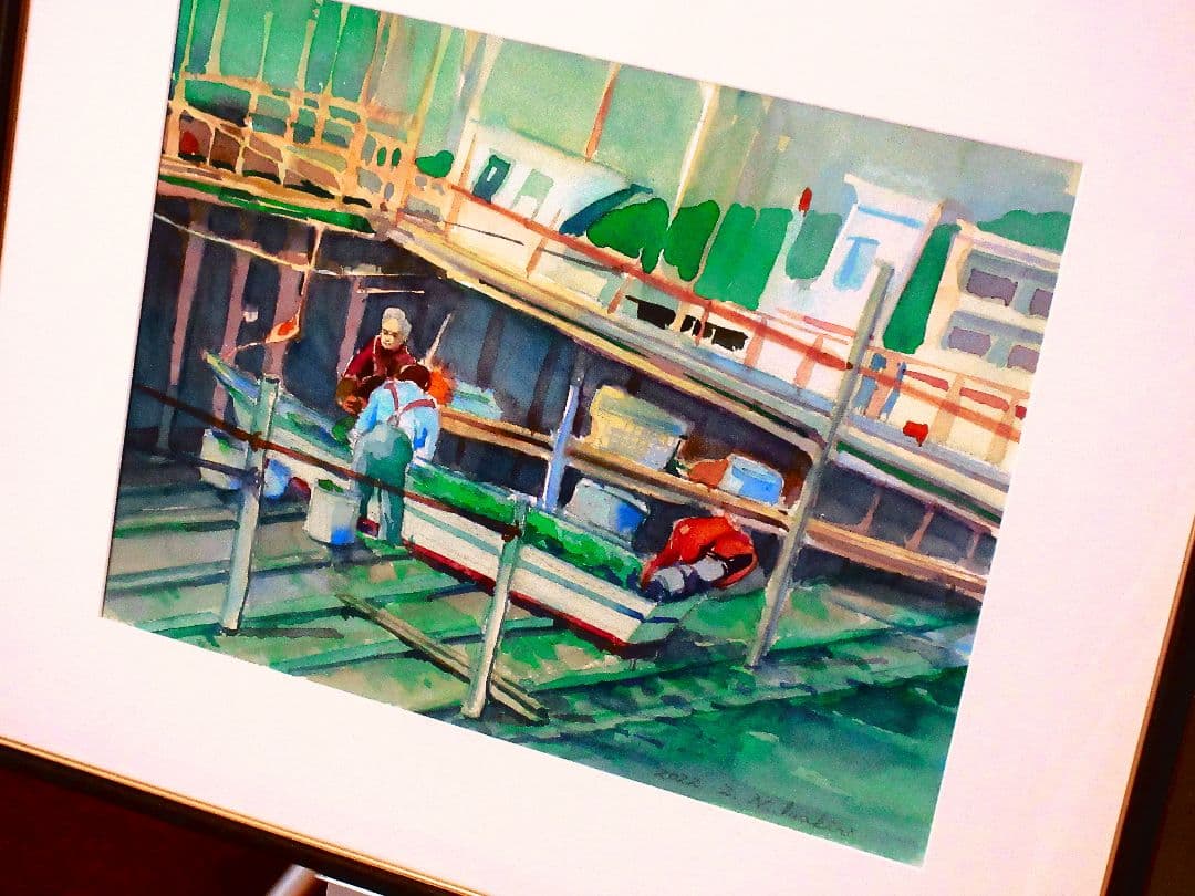 水彩画 漁師と漁船 2012年作 原画 額装済み