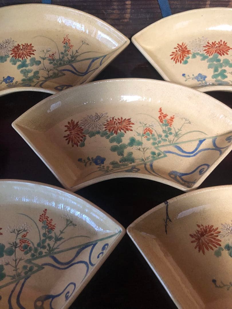 古い清水焼の色絵扇面形皿5客古箱入