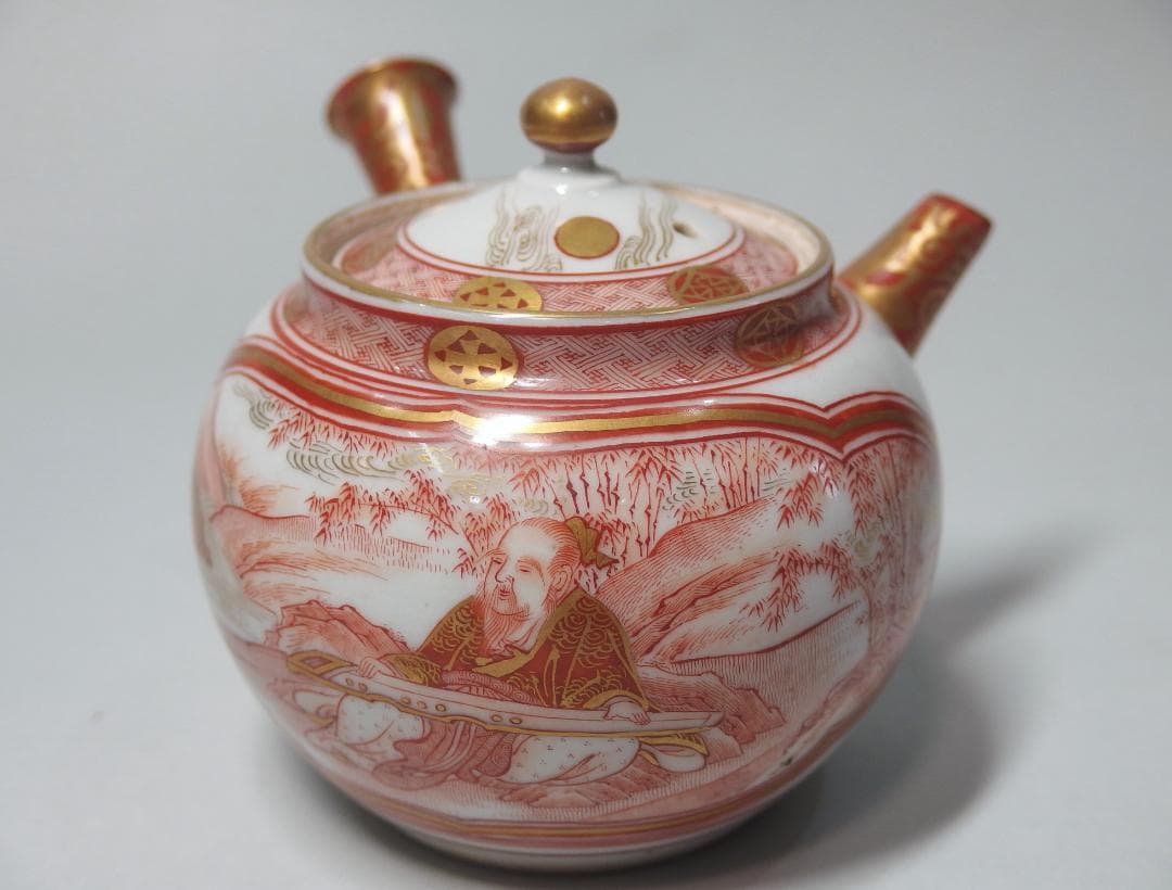 初代中村秋塘作/赤絵人物急須/赤絵細密/共箱/煎茶道具