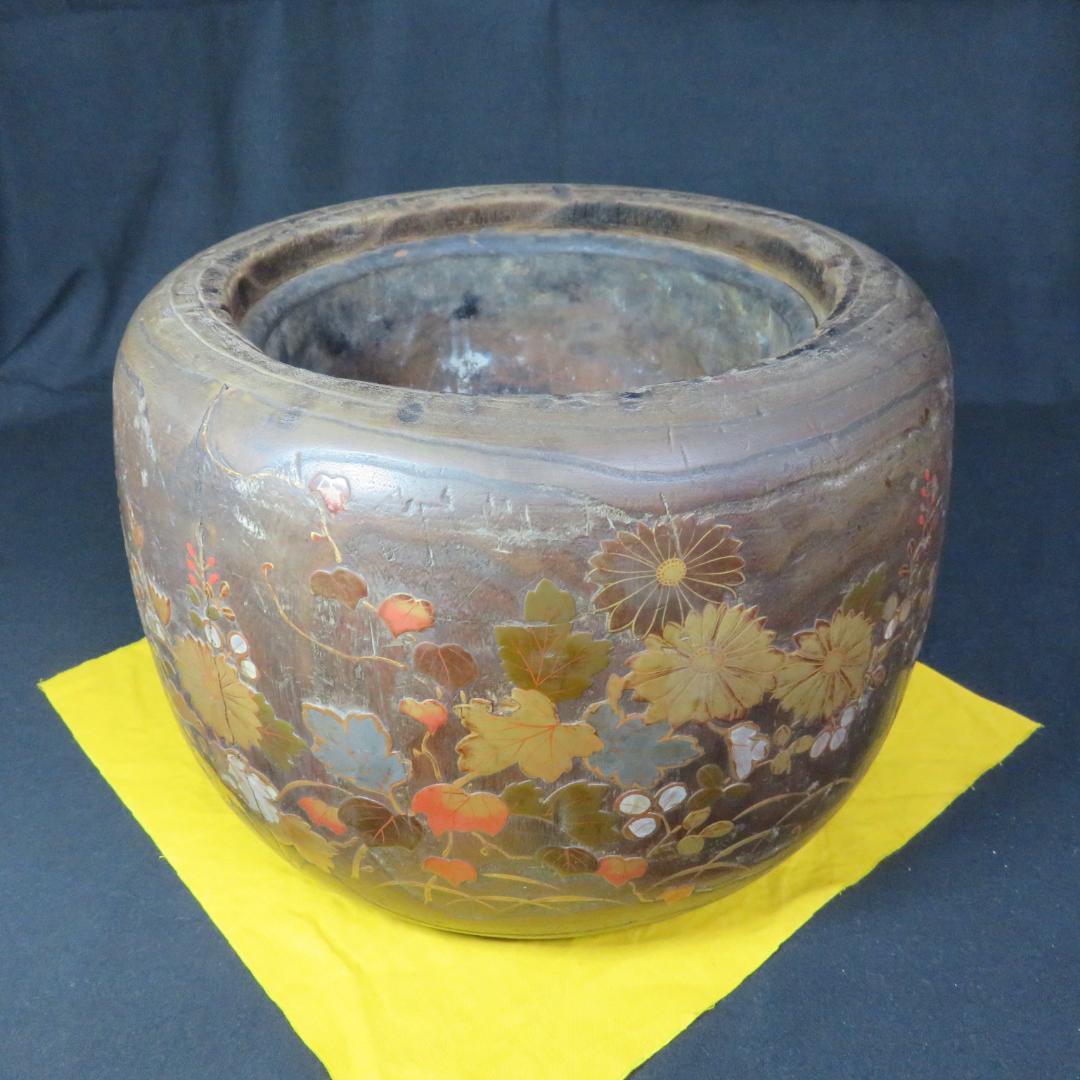 桐火鉢 手あぶり 灰なし 割れ 螺鈿 蒔絵 草花