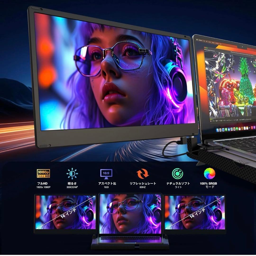 モバイルモニター 2画面 14インチFHD 1080P 360°回転