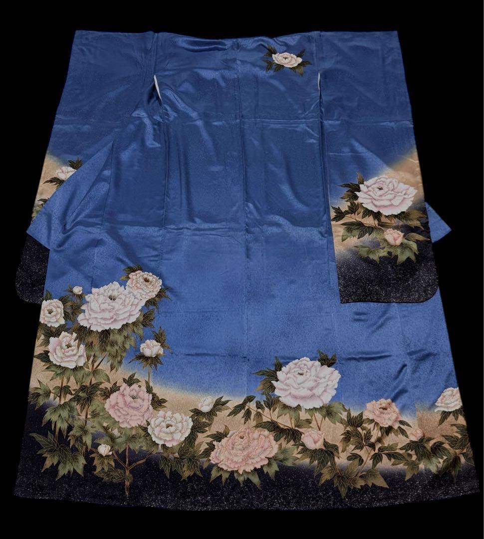 ブルー系の素敵な振袖・袋帯・帯揚げ・帯締めセット セミアンティーク ヴィンテージ