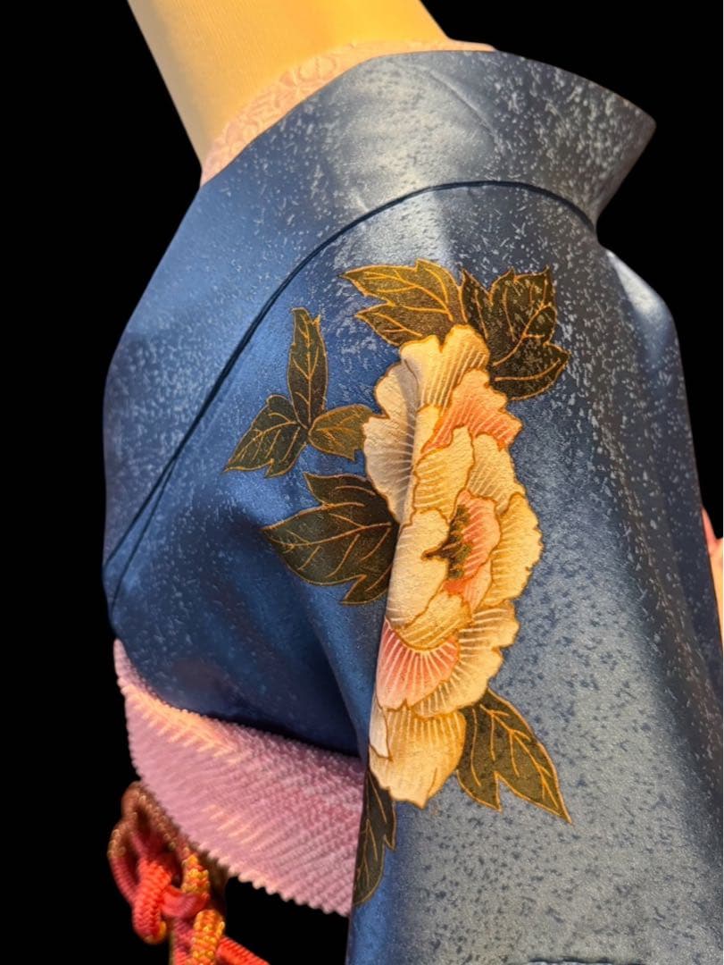 ブルー系の素敵な振袖・袋帯・帯揚げ・帯締めセット セミアンティーク ヴィンテージ