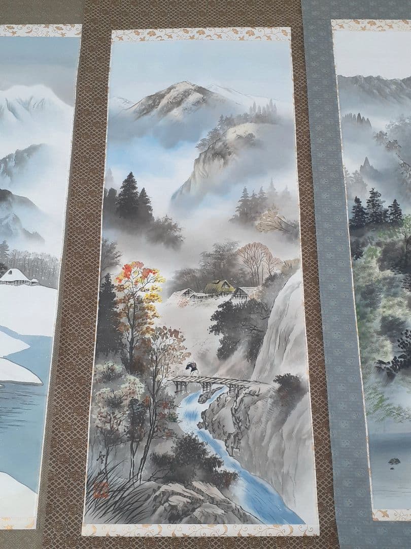 葛谷聖山　春夏秋冬 四季山水図　肉筆絹本　四幅掛軸　共箱　美品