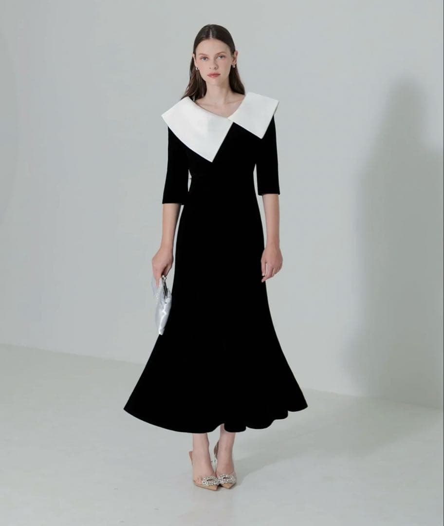 Leja Mサイズ アシンメトリービッグカラーベロアマーメイドワンピースドレス