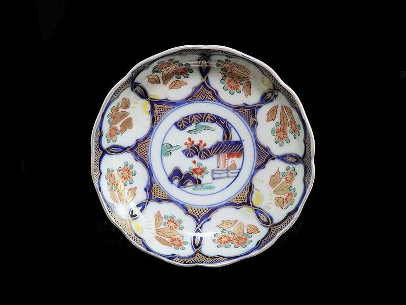 古伊万里　金襴手　陽刻　窓絵　花の図　膾皿　５客　E113AS-fbfr