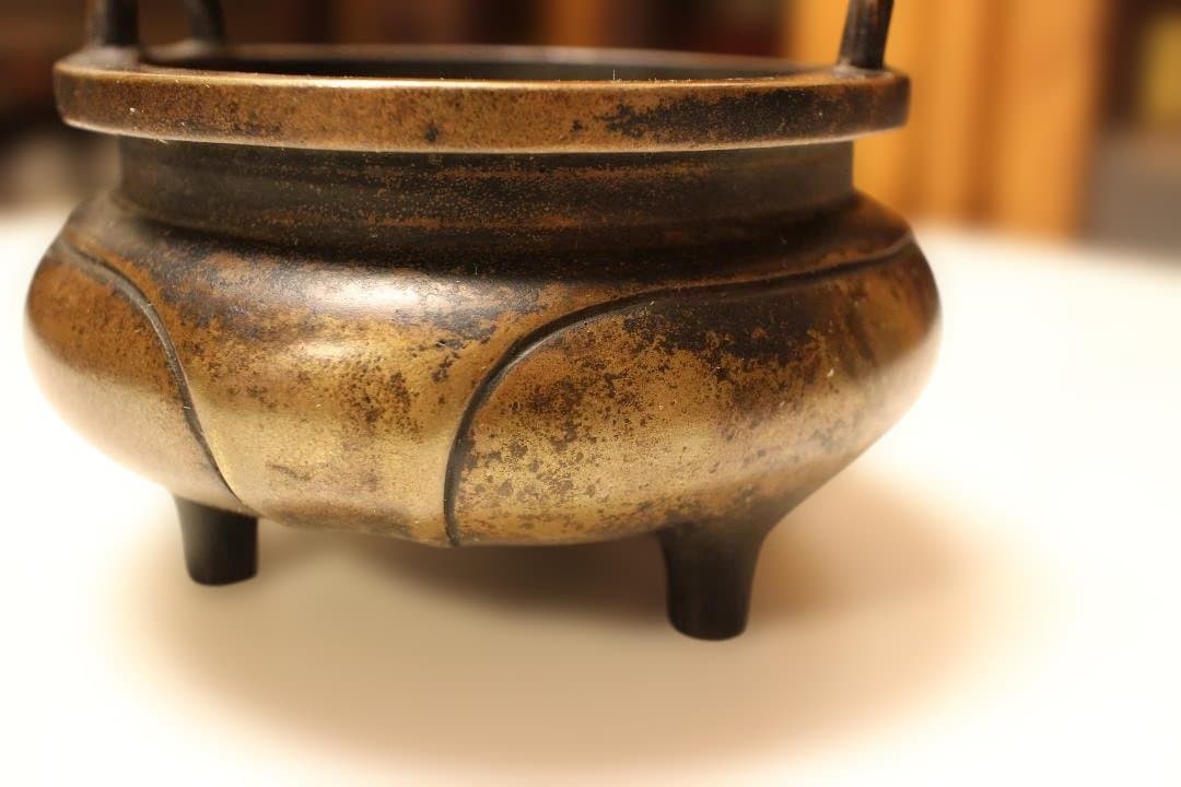 唐物　大明宣徳年製　銅製香炉 ドラゴン彫刻付き　時代保証