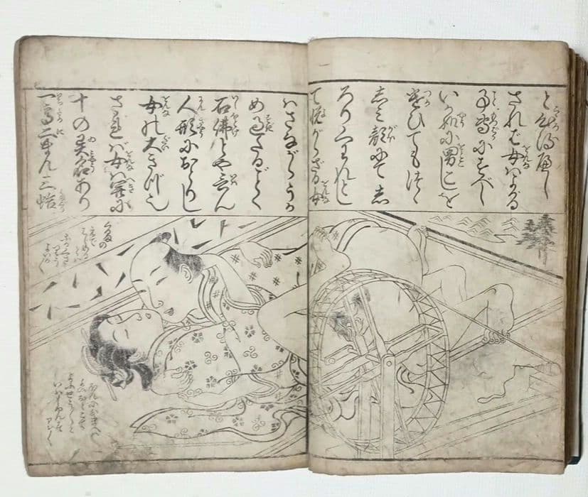 黒摺版画本女大楽寳開（色)月岡雪鼎画 宝暦年間最初4丁8ページ欠け。直し補修有り