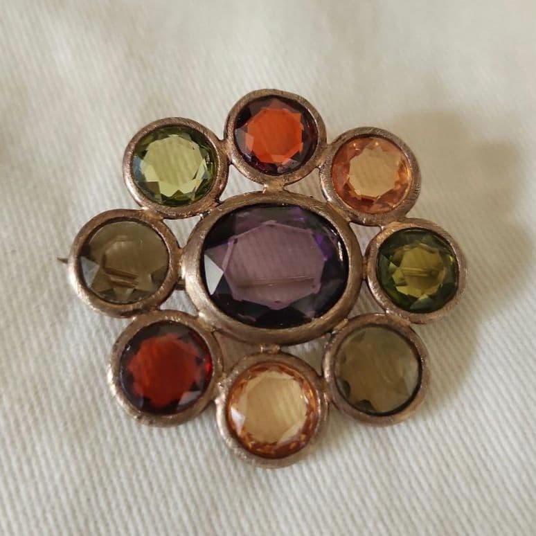 花形ブローチ 多色ストーン イタリアアンティーク9金