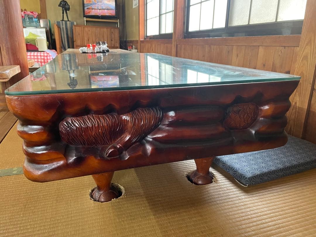 干支 彫刻 木彫 テーブル アンティーク ガラス天板