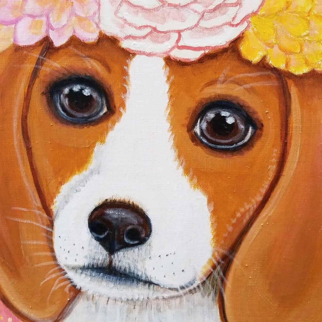 油絵　専用 花冠のかわいいビーグル犬