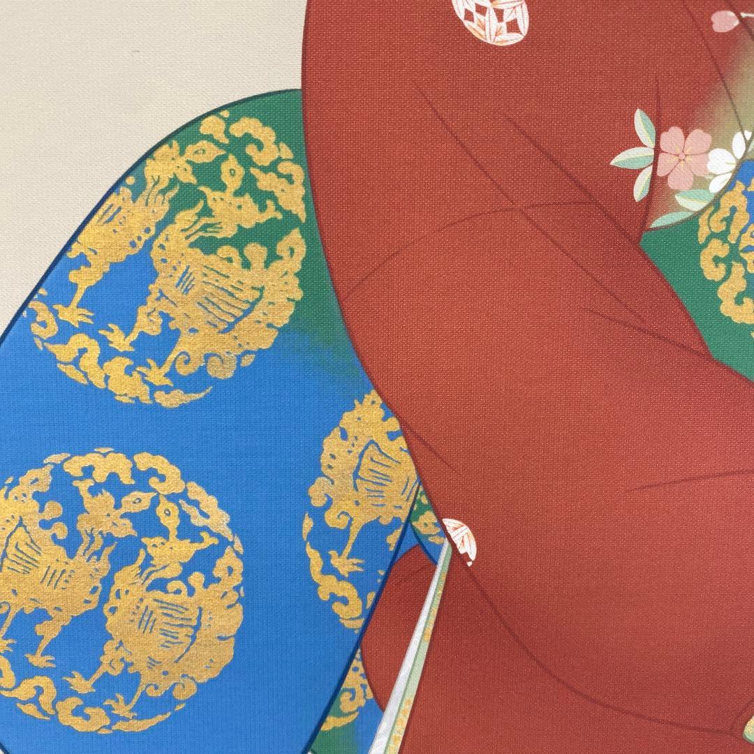 美品 掛け軸 上村松園筆「鼓の音」美人画 浮世絵 印刷 太巻き付