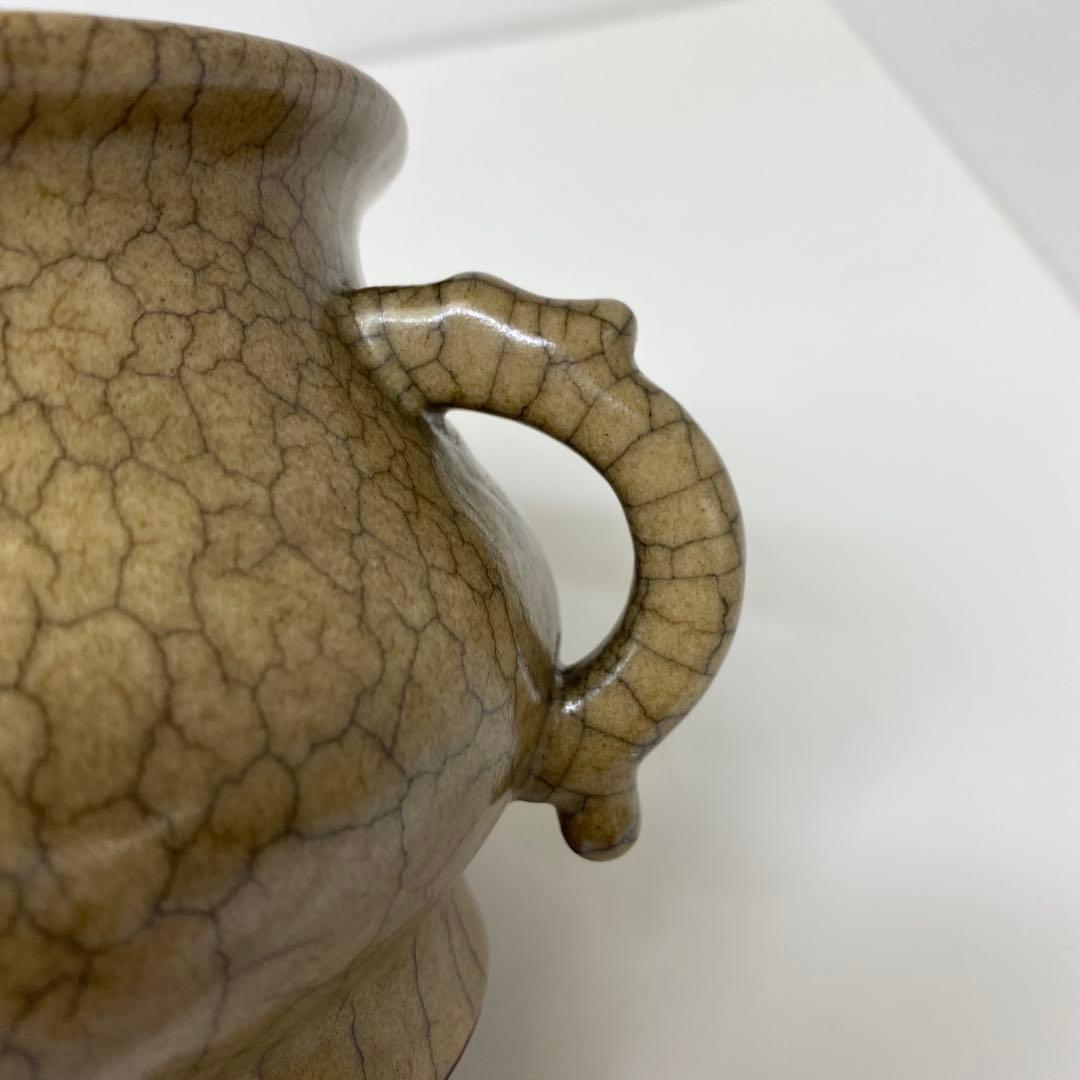 中国古窯　哥窯双耳香炉　高さ10.2㎝　トヒチル　東さ7-0728①