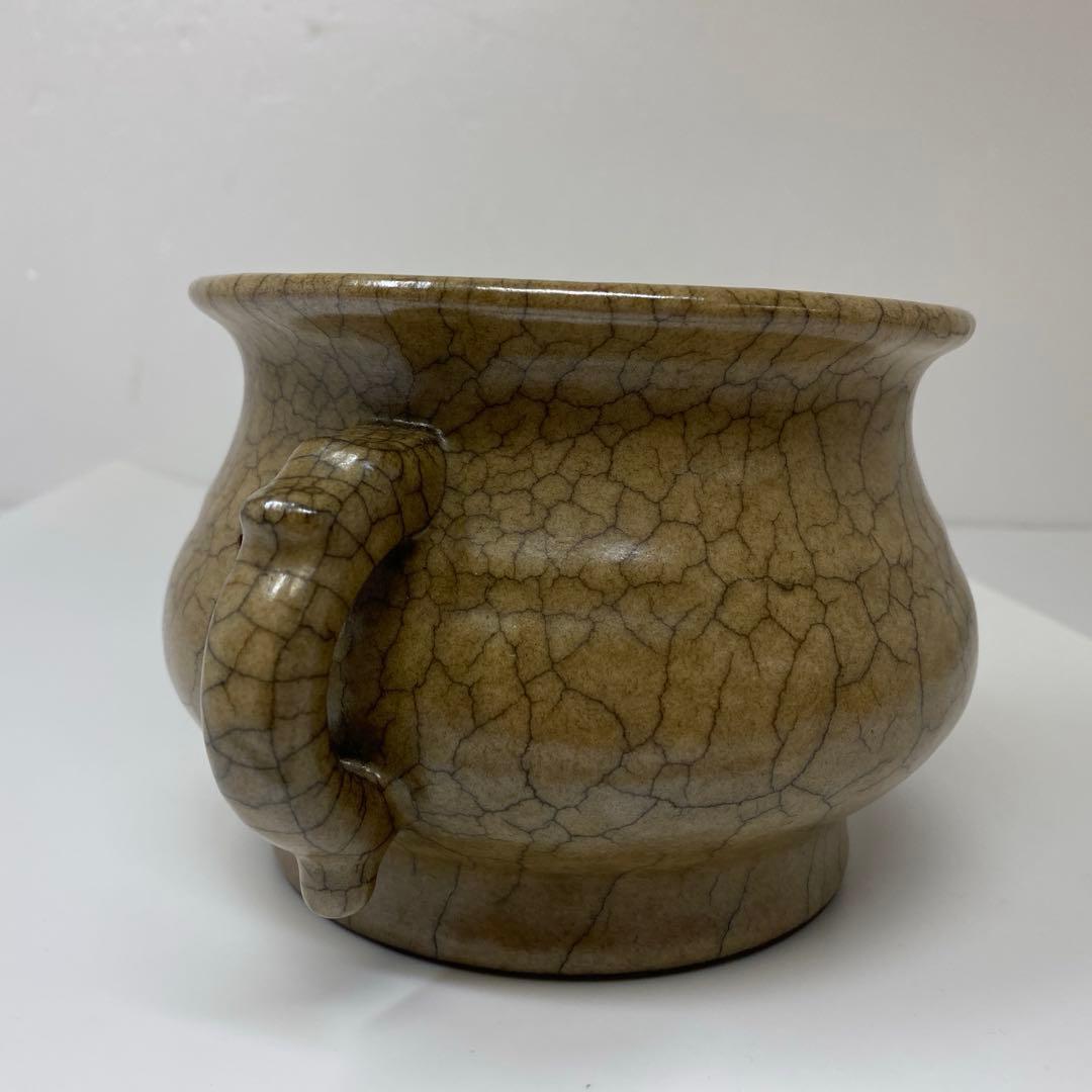 中国古窯　哥窯双耳香炉　高さ10.2㎝　トヒチル　東さ7-0728①