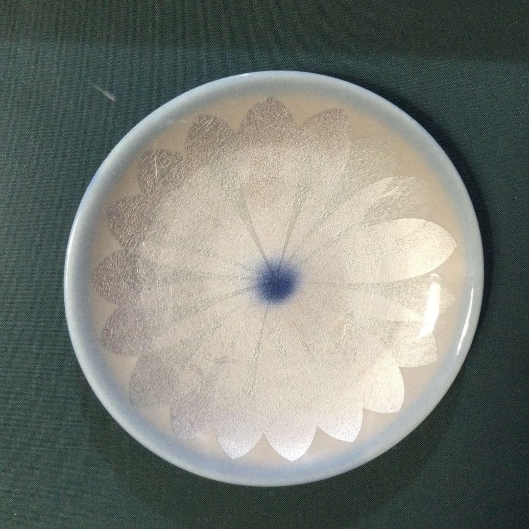 人間国宝 中田一於作 額皿 釉裏銀彩皿ペア 華絵 九谷焼 L234