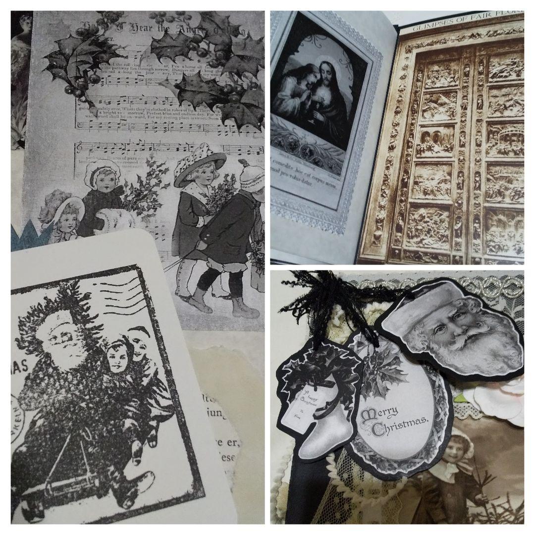 モノクロカラーのクリスマス　ジャンクジャーナル　アンティーク　レース　ビンテージ