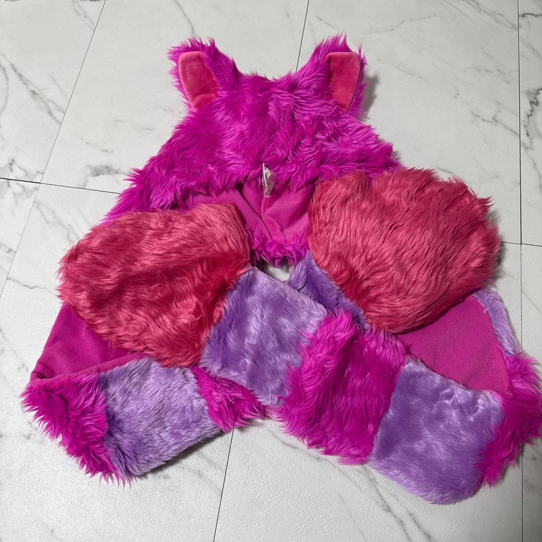チシャ猫　マフラー　耳付き紫ピンクファーキャップ