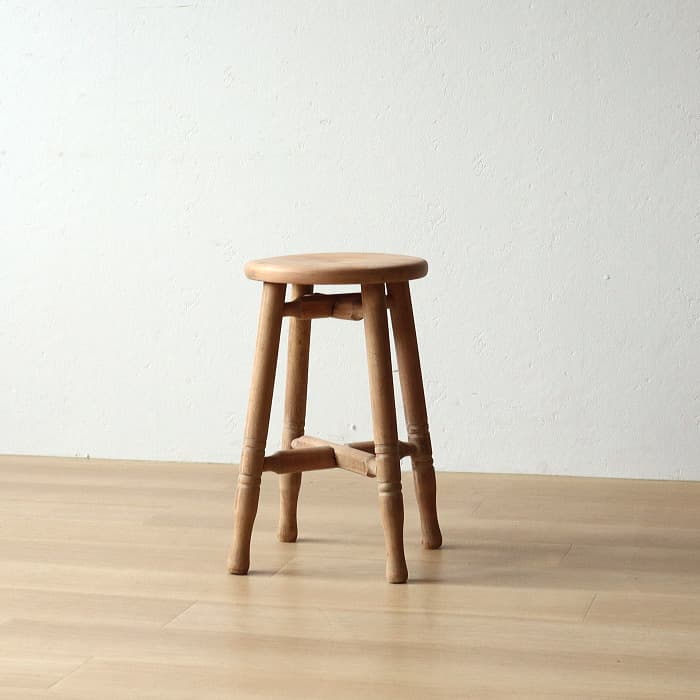 Aアンティーク 木製 無塗装 無垢材 丸スツール 古家具 カエデ ブナ