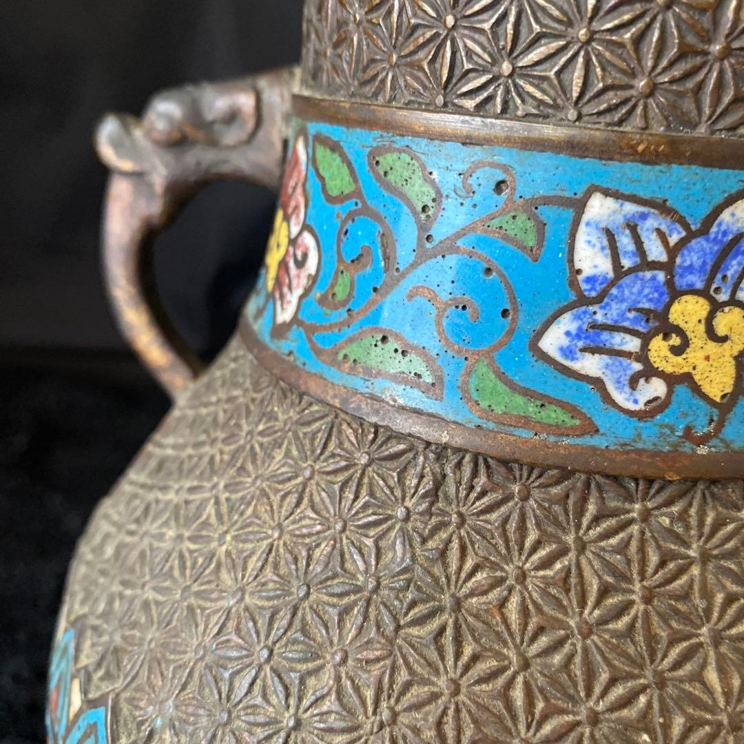 古銅七宝饕餮文耳付瓶/清朝時代-17世紀 銅製/七宝銅胎花器/中国古美術/骨董