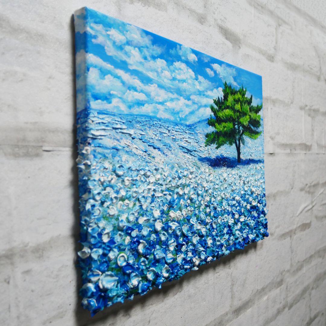 油絵 油彩 油彩画 絵 絵画 【青空のネモフィラの丘】F4号