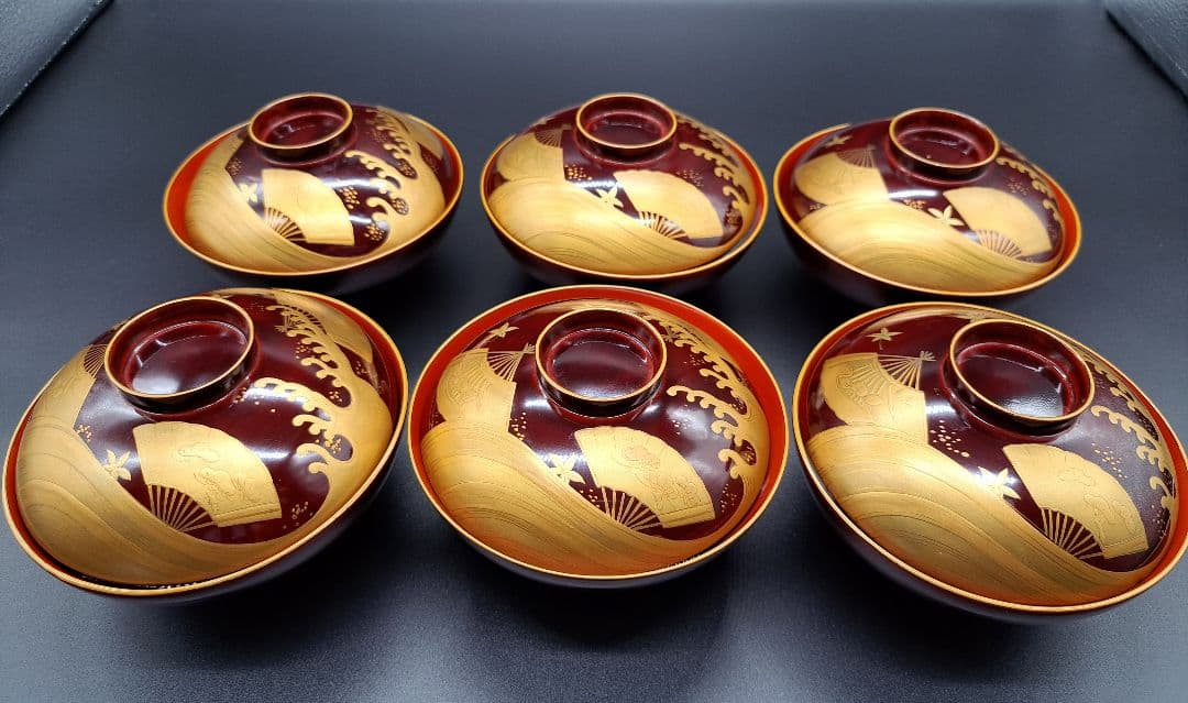 時代木製漆器　紅葉波に扇子見返し蒔絵　吸物椀　汁椀　懐石道具　6客揃　大正時代