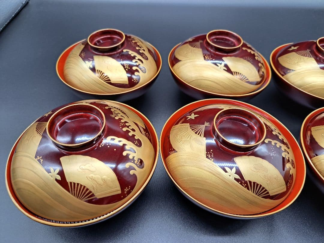 時代木製漆器　紅葉波に扇子見返し蒔絵　吸物椀　汁椀　懐石道具　6客揃　大正時代
