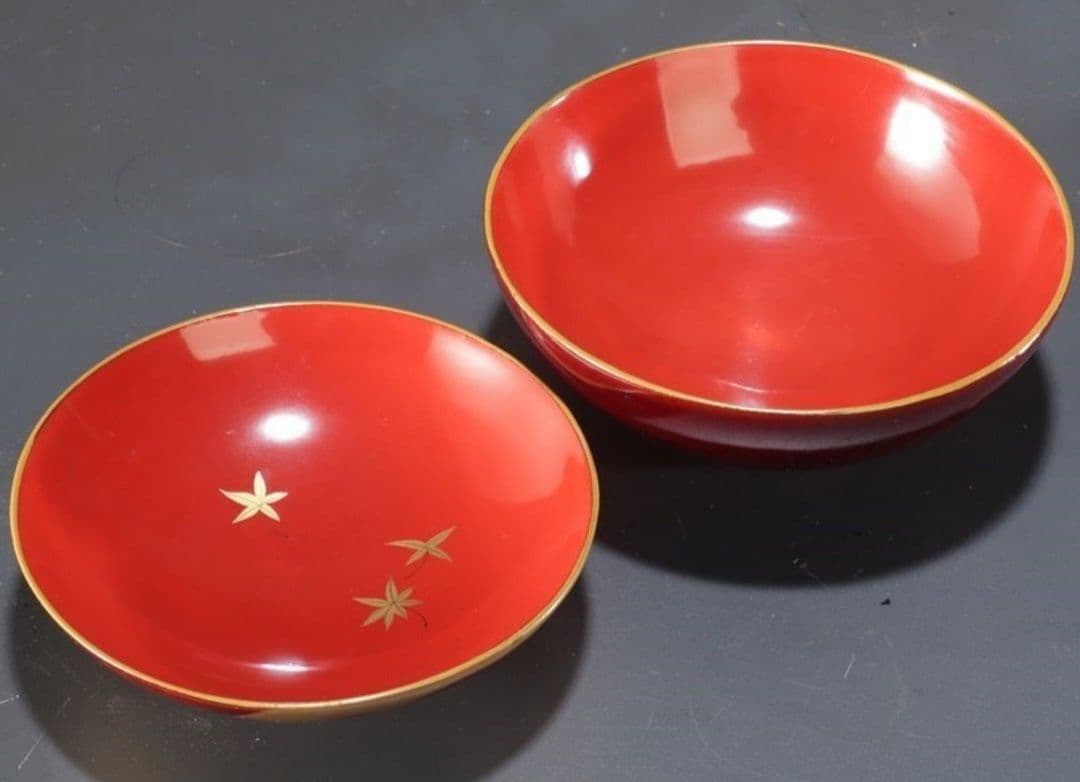 時代木製漆器　紅葉波に扇子見返し蒔絵　吸物椀　汁椀　懐石道具　6客揃　大正時代