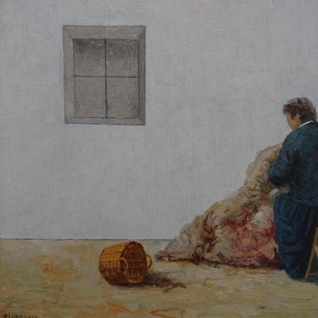 肉筆油彩絵画 アンティーク絵画 「刺繍をする女性 」 油絵