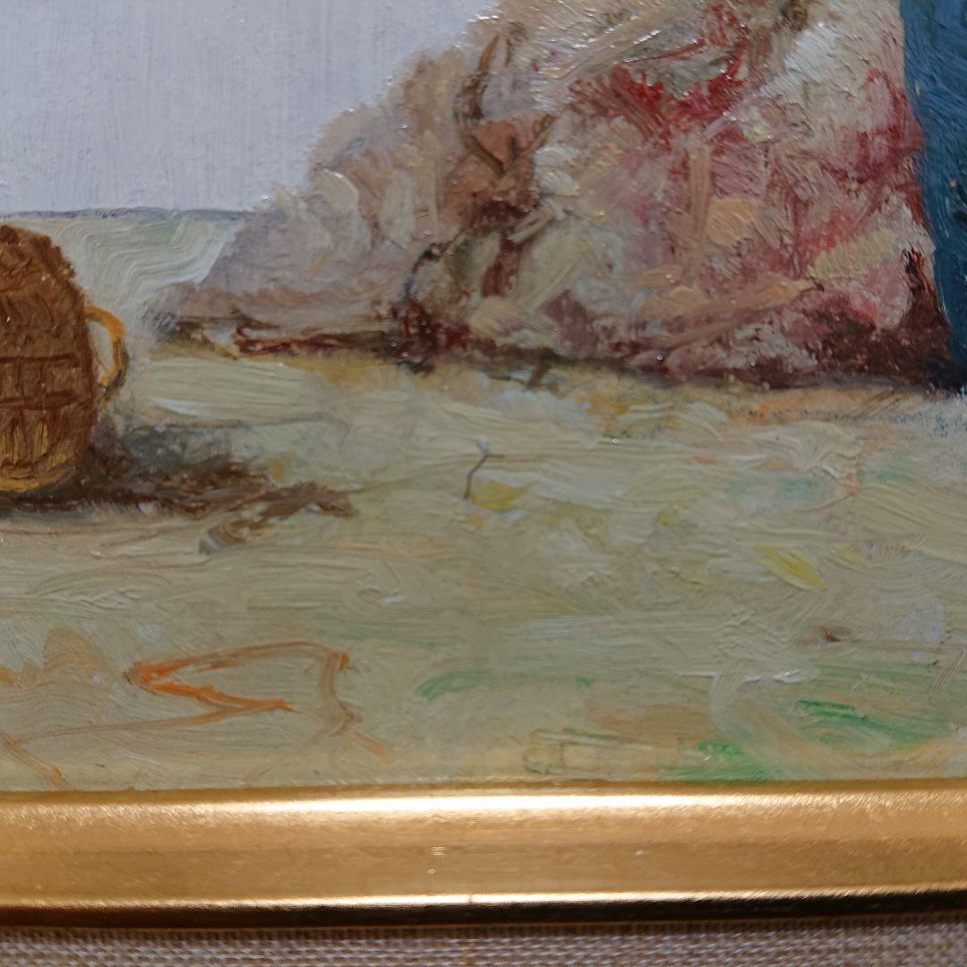 肉筆油彩絵画 アンティーク絵画 「刺繍をする女性 」 油絵