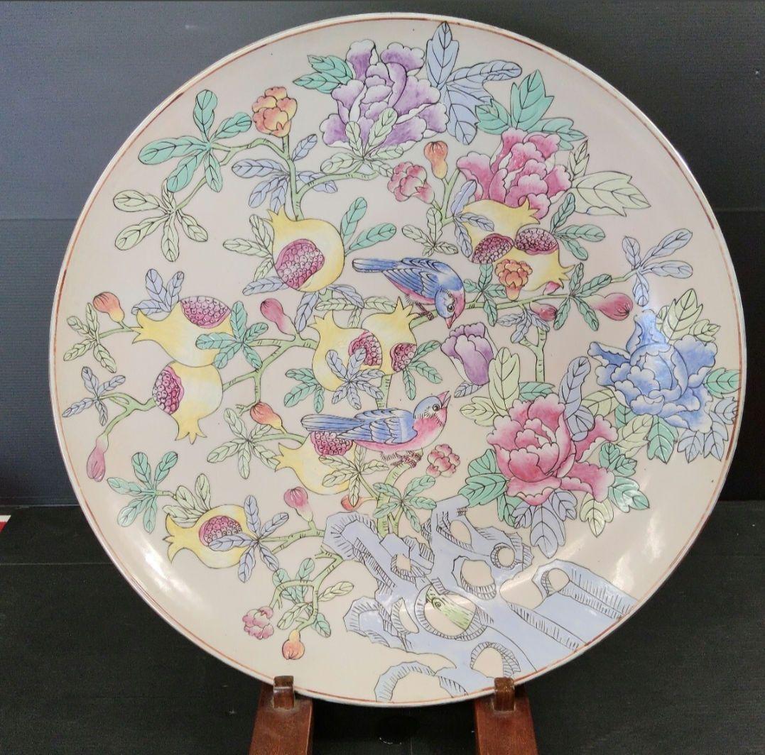 中国 清代 景徳鎮 粉彩 花鳥図 大飾皿 55センチ 柘榴