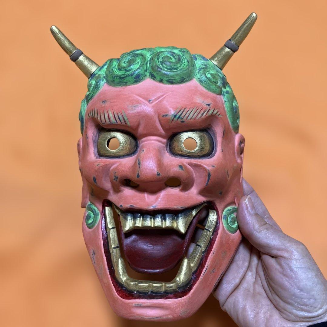 能面　雷　かみなり　木彫り　手彫り　桐箱