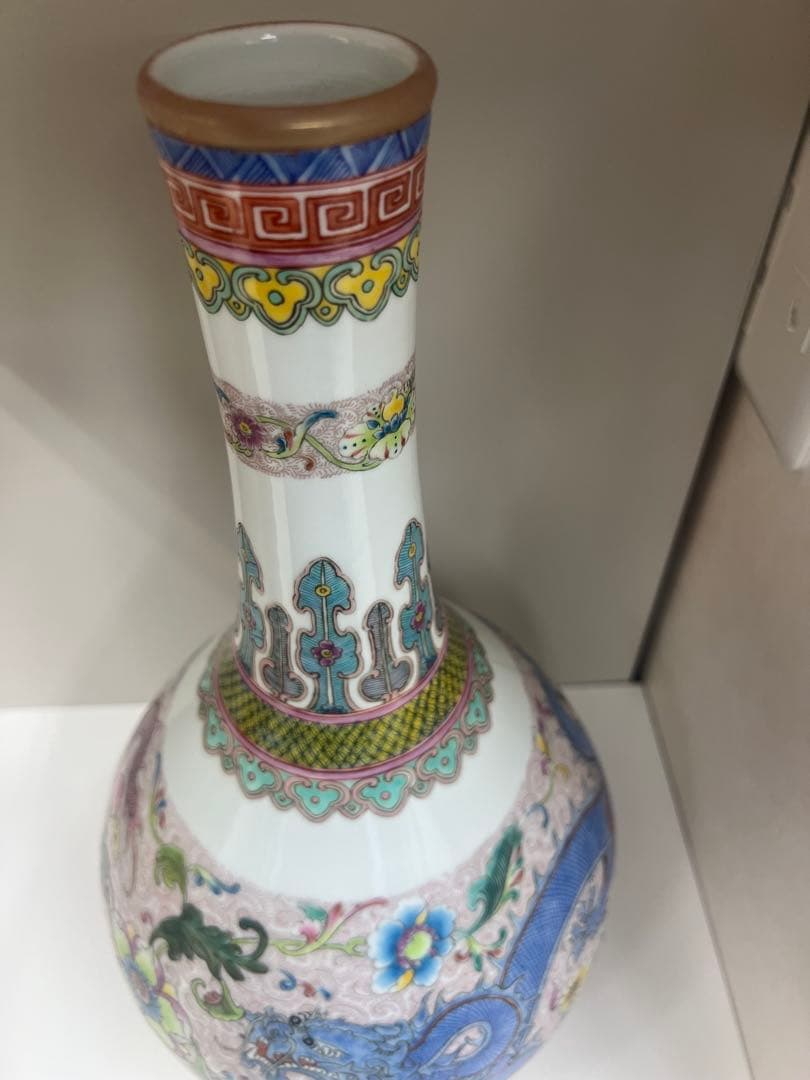 中国乾隆年製長頸瓶骨董唐物アンティーク古美術江戸青磁手描きドラゴン模様の陶器瓶