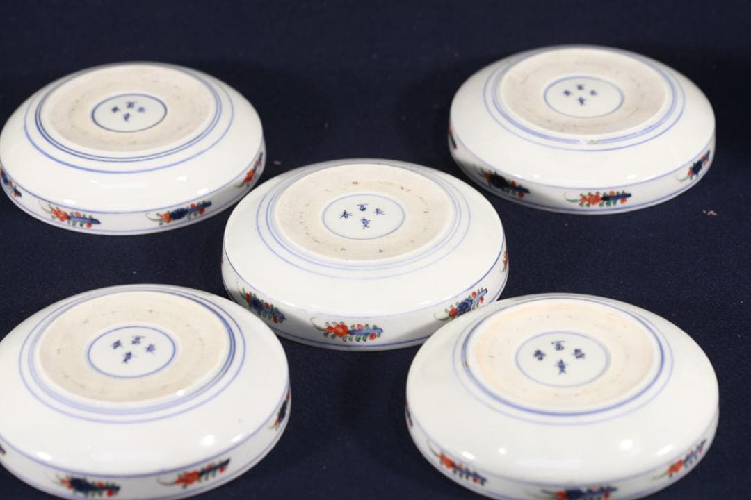 954　古伊万里色絵蟹図中皿5枚　無傷　幕末明治　（旬、希少性）