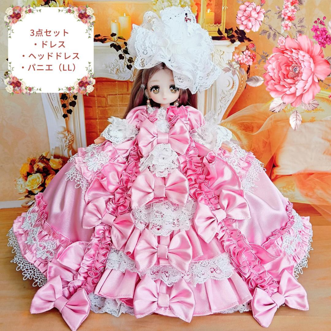 みこ　リカちゃんサイズ　ピンク　リボンのロココ調ドレス　手作り　ドール服