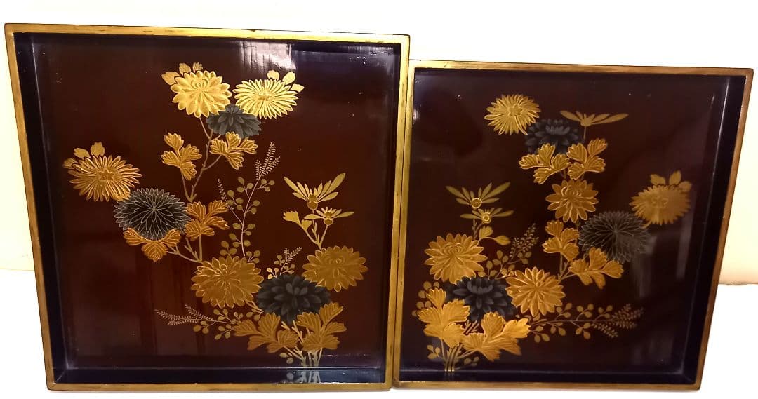 【最終価格】【時代物:文政】金蒔絵 草花文 角盆 2枚揃 共箱付　封書付