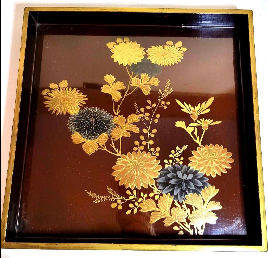 【最終価格】【時代物:文政】金蒔絵 草花文 角盆 2枚揃 共箱付　封書付