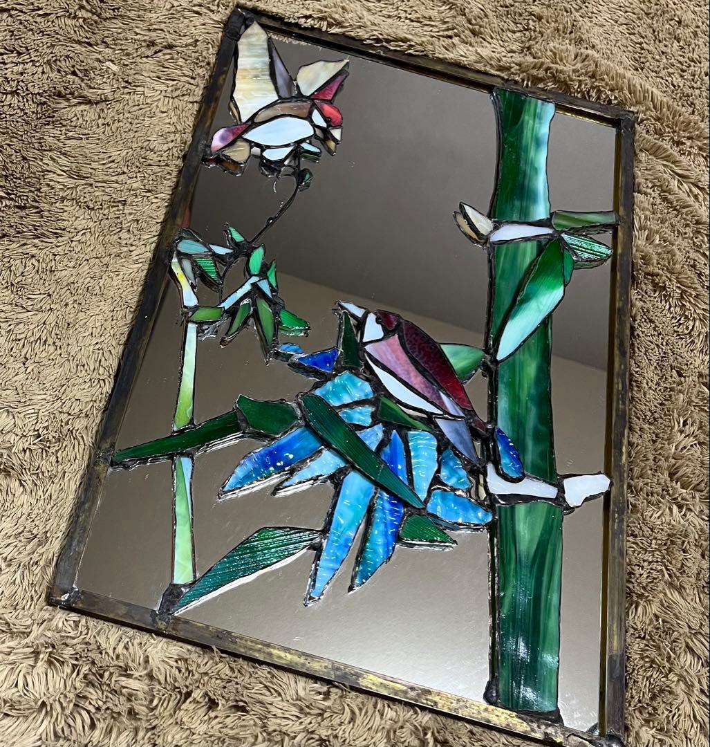 ハンダステンドグラス工芸『竹と雀』鏡