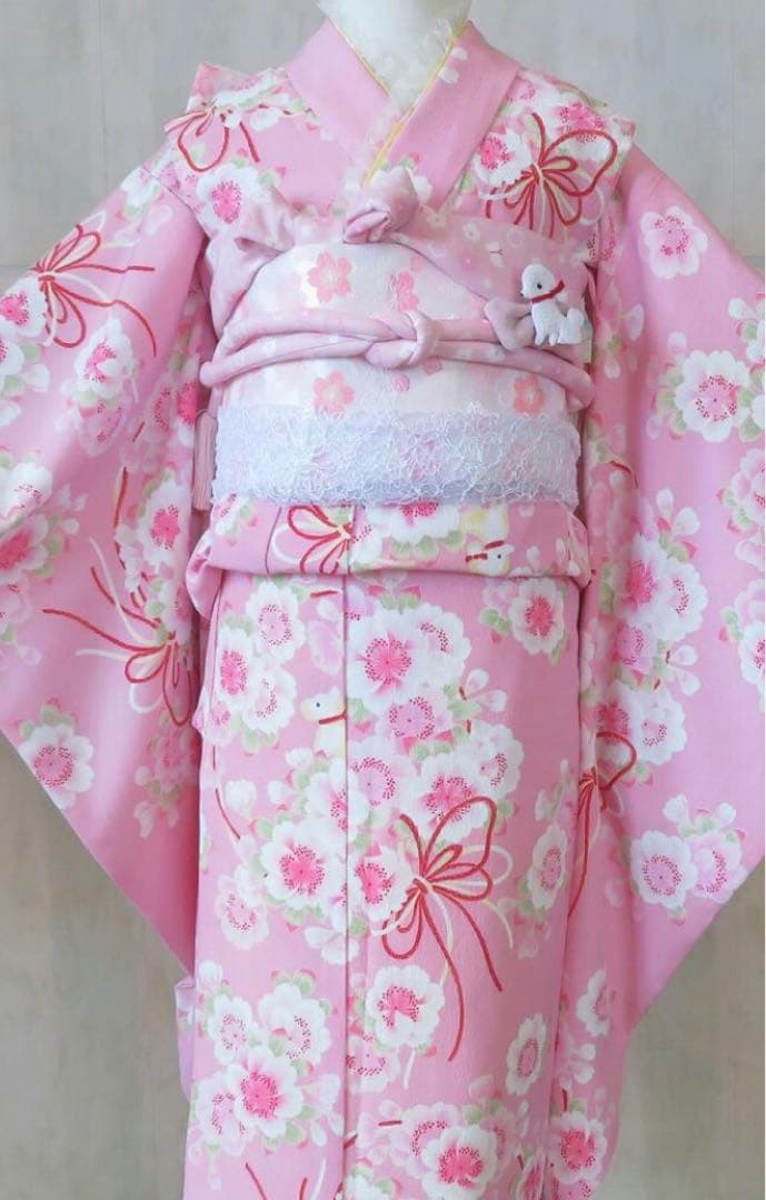七五三　7歳　ポンポネット日本製生地着物　他13点セット　ピンク好き女の子
