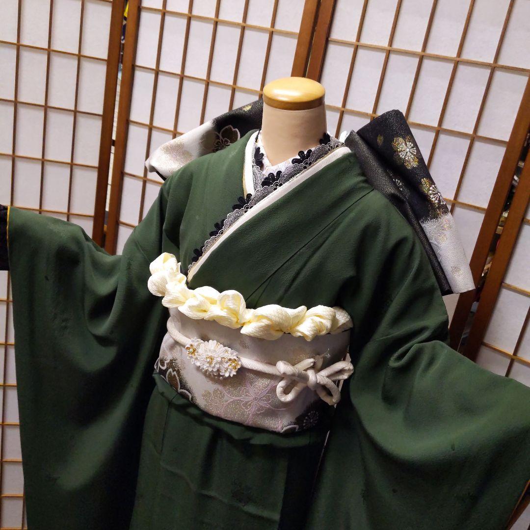 454【最終価格】無地モスグリーン【山本寛斎正絹振袖8点フルセット】成人式卒業式