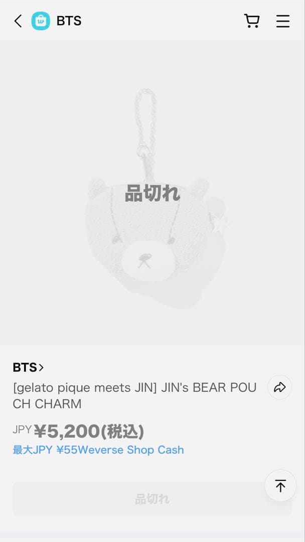 【新品未使用】ジェラピケ BTS JIN'S BEAR POUCH CHARM