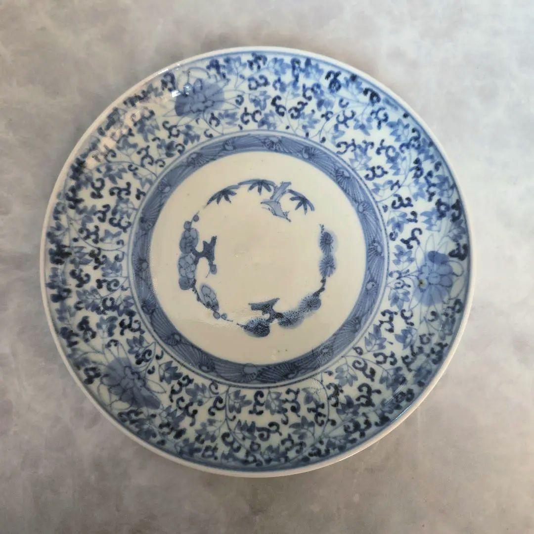 古伊万里　染付　六寸皿　江戸時代　花唐草　金直し　金継ぎ　骨董　アンティーク