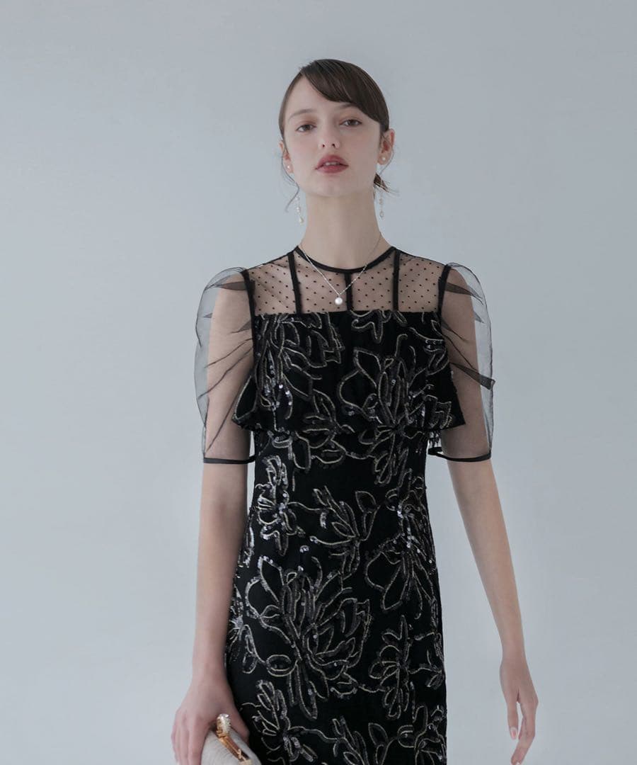 LEJA ドットチュールフラワースパンコールIラインワンピースドレス ブラックM