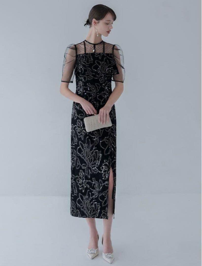 LEJA ドットチュールフラワースパンコールIラインワンピースドレス ブラックM